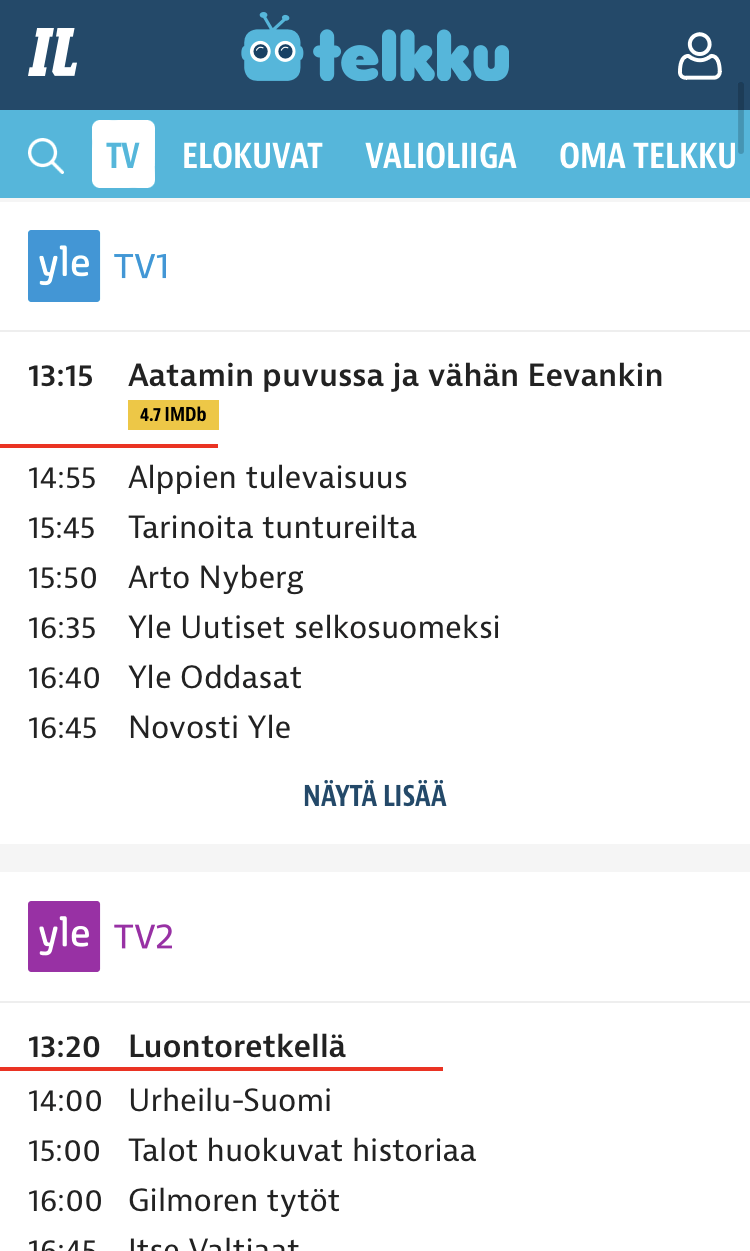 Telkku mobiili näkymä